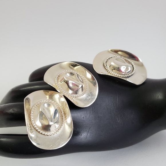 Sterling Silver 925 Cowboy Hat Earrings and Brooch Set